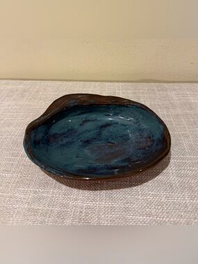Vintage Signed Studio Pottery Organic Catchall Dish Blue Teal Glaze Hand Formed